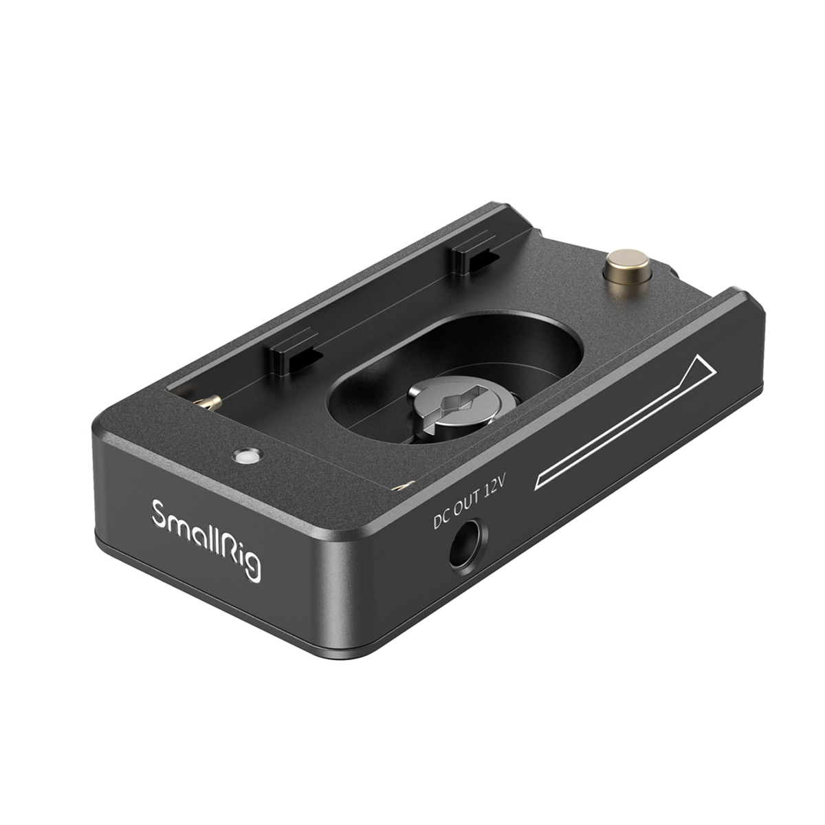 The SmallRig 3018 NP-F Battery Adapter Plate Lite is a black camera mounting plate with 12V DC output, metal connectors and an arrow pattern at the top, designed for camera accessories.