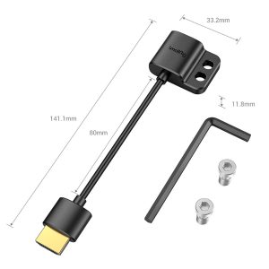 The SmallRig 3019 HDMI Ultra Slim Adapter Cable 4K (A-A) is black and comes with a mounting bracket, two screws and an Allen wrench, with a cable length of 141.1 mm, a bracket width of 33.2 mm, a height of 11.8 mm and a cable segment of 80 mm.