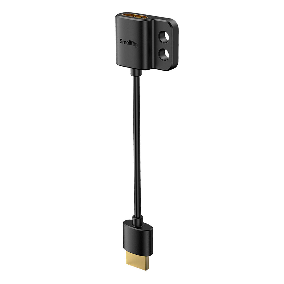 SmallRig 3019 HDMI Ultra Slim Adapter Cable 4K (A-A) on musta suorakulmainen HDMI-sovitin, jossa on lyhyt joustava kaapeli, kaksi kiinnitysruuvin reikää ja kullattu HDMI-liitin.
