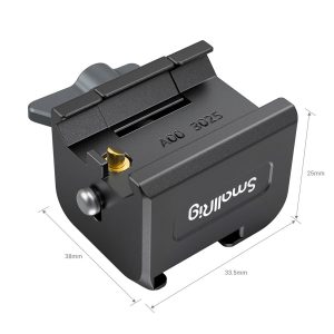 Musta, kompakti SmallRig 3025 -kiinnityslevy (38mm x 33.5mm x 25mm) DJI Ronin RS 2/RSC 2/RS 3/RS 3 Pro/RS 3 mini -laitteelle, jossa on sivunuppi, kultainen ruuvi ja tuotemerkki edessä.
