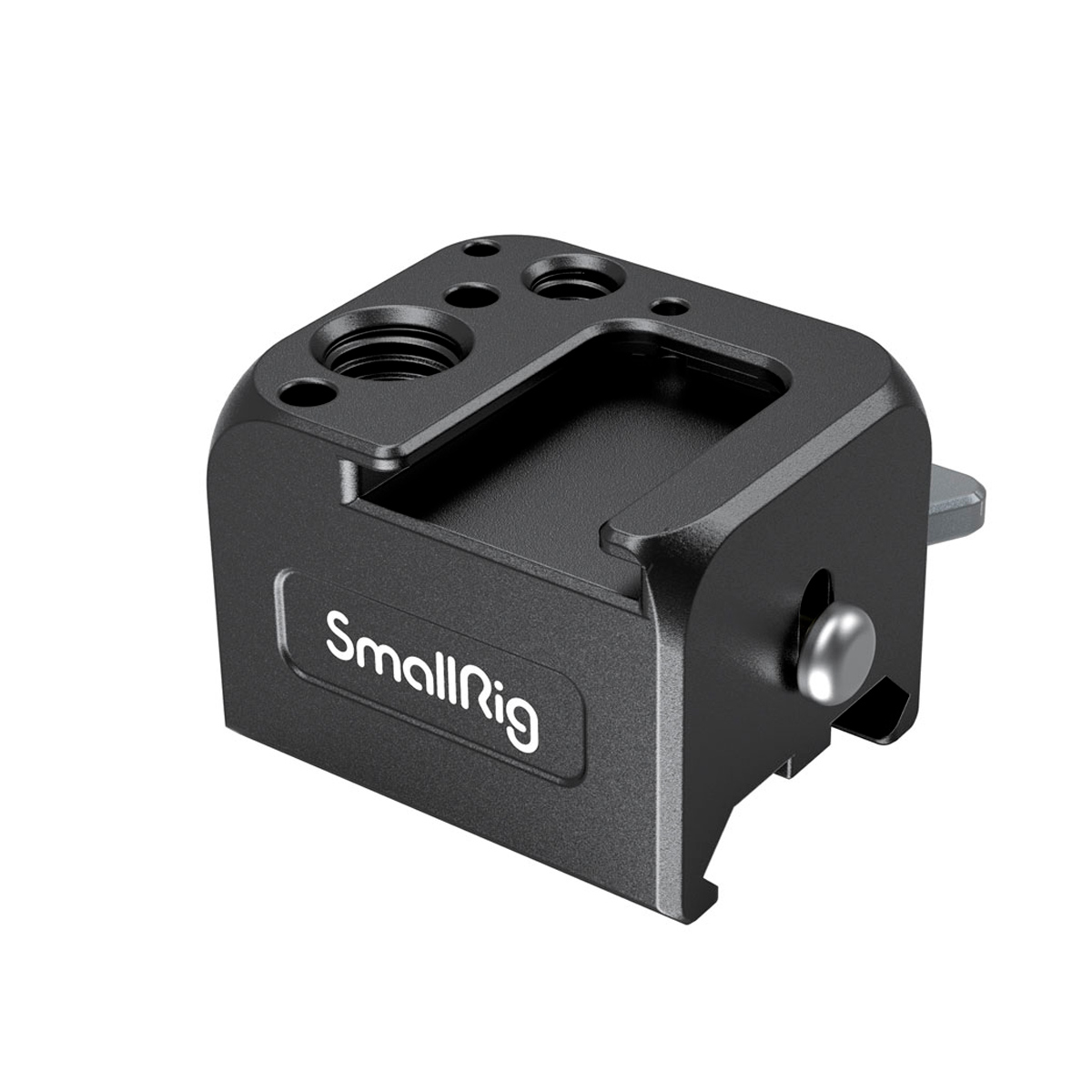 SmallRig 3025 -kiinnityslevy DJI Ronin RS 2/ RSC 2/ RS 3/ RS 3 Pro/ RS 3 mini -laitteille on musta metallinen lisävaruste, jossa on SmallRig-logo, kierteitetyt reiät ja pikakiinnitysaukko.
