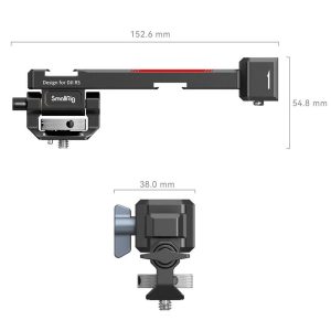 Diagram of the SmallRig 3026B Monitor Mount for DJI Ronin with front and side images and marked dimensions: 152.6 mm length, 54.8 mm height, 38 mm width. Features mounting points and adjustment knobs.