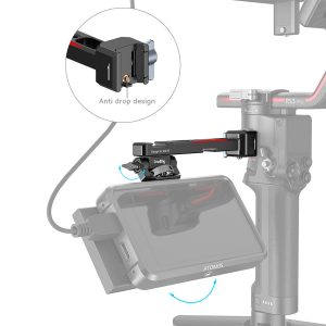 The SmallRig 3026B Monitor Mount for DJI Ronin attaches your camera monitor to the gimbal handle with a black metal arm with a fall-resistant design. The inside photo highlights a close-up of the fall prevention mechanism.