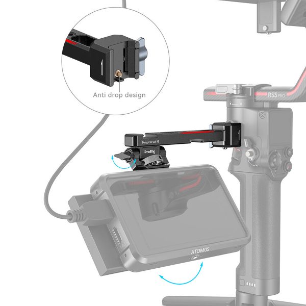 The SmallRig 3026B Monitor Mount for DJI Ronin attaches your camera monitor to the gimbal handle with a black metal arm with a fall-resistant design. The inside photo highlights a close-up of the fall prevention mechanism.