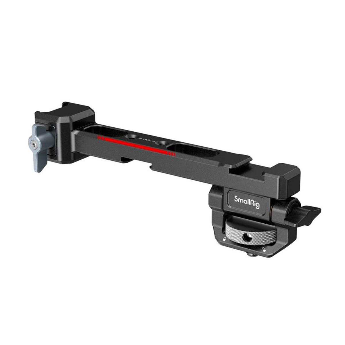 The SmallRig 3026B Monitor Mount for DJI Ronin is a black metal mount with adjustment knobs on both ends, a red scale line in the middle and mounting hardware on the bottom left.