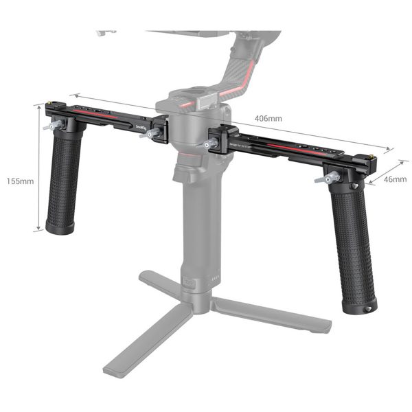The SmallRig 3027 Dual Handgrip for DJI RS2/RSC2/RS3/RS3/RS3 Pro is presented with textured handles and a partial stabilizer, and measures 406 mm wide, 155 mm high and 46 mm deep.
