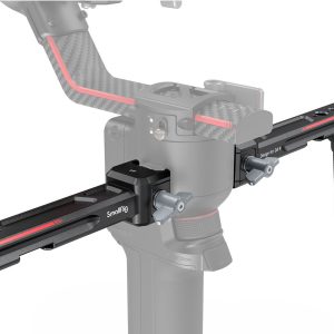 Close-up of the SmallRig 3027 Dual Handgrip for DJI RS2/RSC2/RS3/RS3 Pro with carbon fiber and metal parts, control knobs and SmallRig-branded rail. The picture shows its customizable mounting system for Pro video equipment.