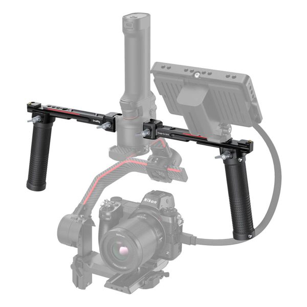 The SmallRig 3027 Dual Handgrip is shown mounted on the DJI RS2/RSC2/RS3/RS3 Pro gimbal, with the camera, monitor and cables in a semi-transparent overlay to illustrate the complete setup.