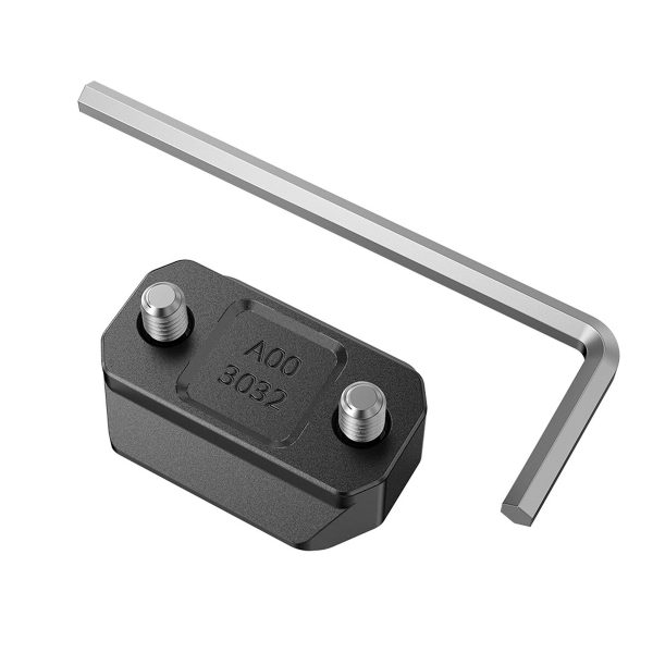 Pictured is the SmallRig 3032 NATO Rail for DJI Ronin RS2 / RSC2, a small black rectangular device with two bolts and an L-shaped silver hex wrench on top, all against a white background.