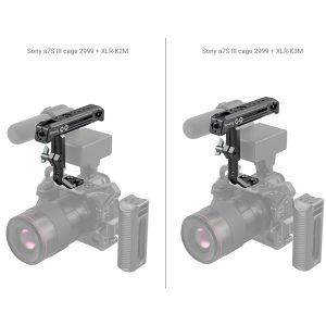 Side-by-side comparison of Sony a7S III cameras in a cage with different XLR adapters - K2M (left) and K3M (right) - both with attached microphones and SmallRig 3082 Top Handle for Sony XLR K1M/K2M/K3M & Panasonic XLR1 Adapter.