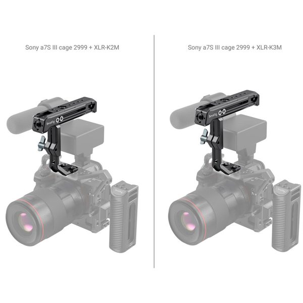 Side-by-side comparison of Sony a7S III cameras in a cage with different XLR adapters - K2M (left) and K3M (right) - both with attached microphones and SmallRig 3082 Top Handle for Sony XLR K1M/K2M/K3M & Panasonic XLR1 Adapter.