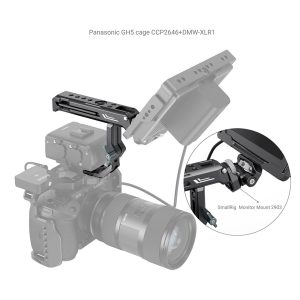 Panasonic GH5 camera with cage, SmallRig 3082 Top Handle for Sony XLR & Panasonic XLR1, accessories such as monitor mount, and external monitor. The inside photo highlights the SmallRig Monitor Mount 2903 in the cage.