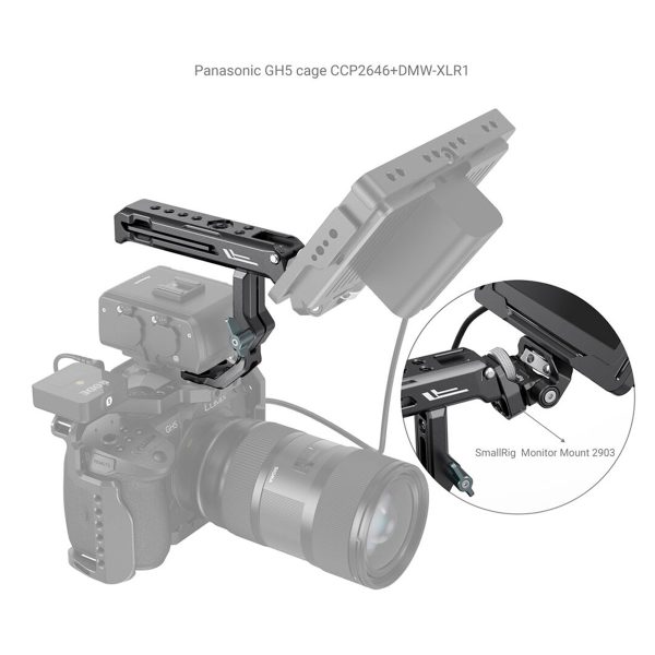 Panasonic GH5 camera with cage, SmallRig 3082 Top Handle for Sony XLR & Panasonic XLR1, accessories such as monitor mount, and external monitor. The inside photo highlights the SmallRig Monitor Mount 2903 in the cage.