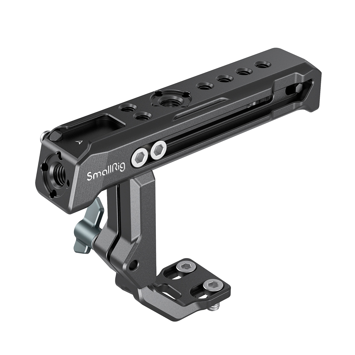 SmallRig 3082 Top Handle for Sony XLR K1M/K2M/K3M & Panasonic XLR1 Adapter is a black metal camera handle with multiple threaded holes, a top handle, side mounting points and a tripod bracket to mount your camera or accessory.