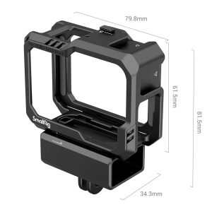 SmallRig 3083 Cage for GoPro HERO 9/10 on musta metallirunko, joka on avoin kahdelta sivulta ja jonka mitat ovat 79,8 mm leveä, 81,5 mm korkea ja 34,3 mm syvä, ja mitat on merkitty häkkiin.