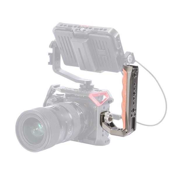 The SmallRig 3131 Professional Cage Kit for the Fujifilm X-T4, with external monitor and metal and wooden side grip mounted, is shown on a white background with the camera and monitor semi-transparent to highlight the grip.