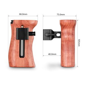 The SmallRig 3131 Professional Cage Kit for Fujifilm X-T4 is visible from the front and side: a wooden camera grip with metal bracket, measuring 66 mm wide, 75 mm deep, 40 mm wide bracket and 105 mm high.