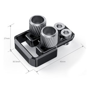 The SmallRig 3131 Professional Cage Kit for the Fujifilm X-T4 is a black and silver mechanical component with two knobs and two hex screws, measuring 27 mm high, 30.5 mm wide and 46 mm long.