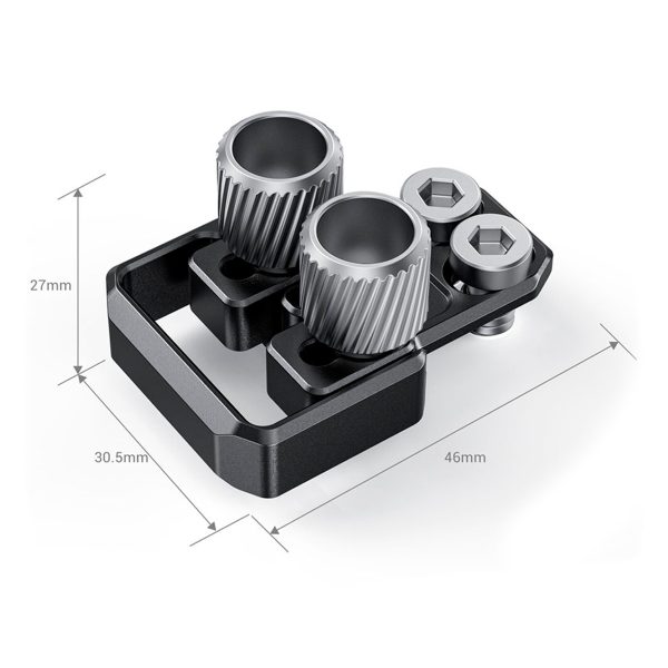 The SmallRig 3131 Professional Cage Kit for the Fujifilm X-T4 is a black and silver mechanical component with two knobs and two hex screws, measuring 27 mm high, 30.5 mm wide and 46 mm long.