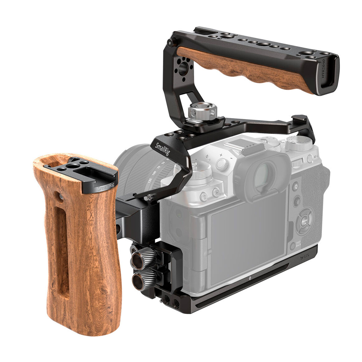 SmallRig 3131 Professional Cage Kit Fujifilm X-T4:lle, jossa on puiset sivu- ja yläkahvat, kiinnitetään kameraan ja tarjoaa suojaa ja lisävarusteiden kiinnitysmahdollisuuksia.