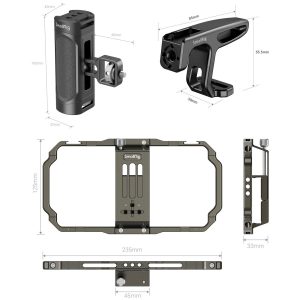 SmallRig 3155 Universal Mobile Phone Handheld Video Rig -laitteesta on esitetty viisi näkymää ja mitat: laitteiston mitat ovat 235 mm x 125 mm, kahvat ovat 92 mm x 30 mm ja 88 mm x 55,5 mm, ja sivukuva on 33 mm.