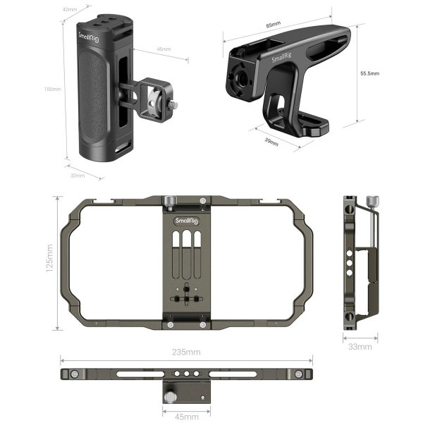 SmallRig 3155 Universal Mobile Phone Handheld Video Rig -laitteesta on esitetty viisi näkymää ja mitat: laitteiston mitat ovat 235 mm x 125 mm, kahvat ovat 92 mm x 30 mm ja 88 mm x 55,5 mm, ja sivukuva on 33 mm.