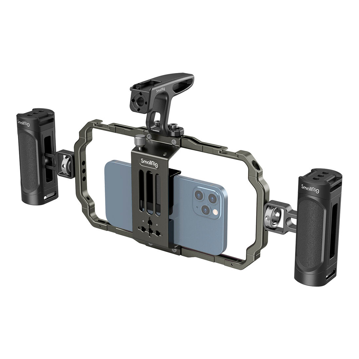 SmallRig 3155 Universal Mobile Phone Handheld Video Rig -laitteessa on metallirunko, jossa on kaksi sivukahvaa ja yläkahva, mikä tarjoaa vakautta ja parempaa hallintaa mobiilivideokuvaukseen. SmallRig-brändi näkyy rigissä ja kahvoissa.