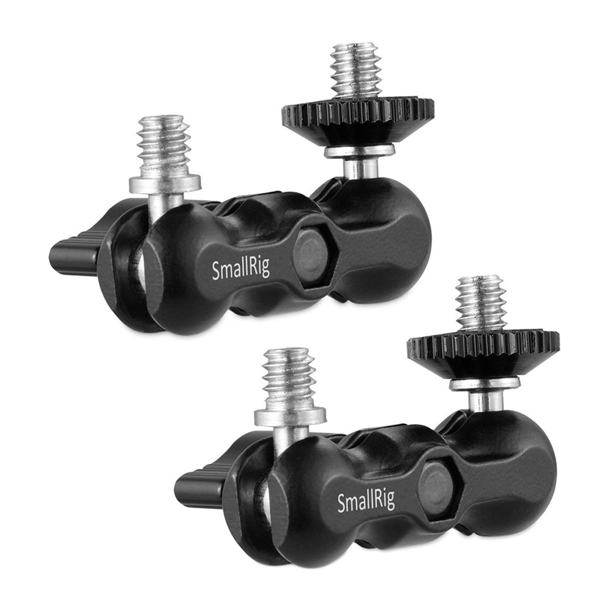 Two black and silver SmallRig 2158 Universal Magic arms with small ball heads, each with screw attachment and adjustable knobs, are placed diagonally on a white background.
