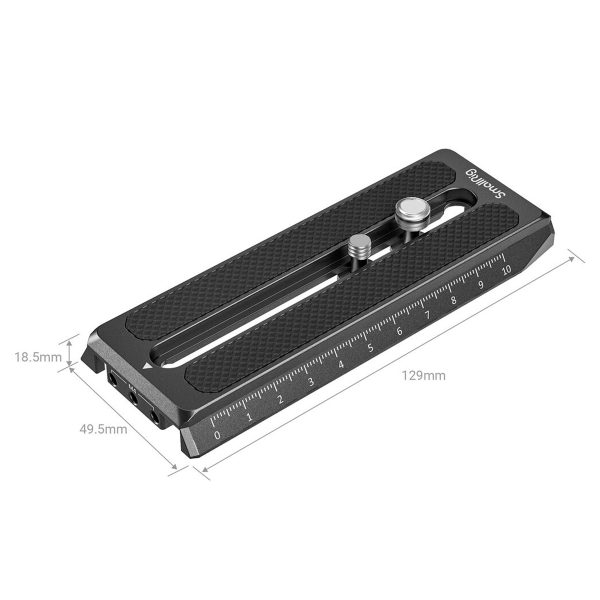SmallRig 3158 Manfrotto QR Plate for DJI RS3, RS 3 Pro, RS 2, RSC 2 and Ronin S is a black metal mounting plate with dimension markings, two control knobs, textured handle and dimensions 18.5 x 49.5 x 129 mm.