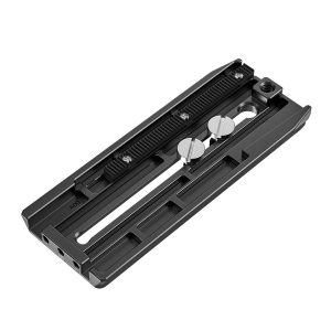 The SmallRig 3158 Manfrotto QR Plate is a black metal mounting plate with adjustable screws and slots, designed for mounting cameras or equipment on DJI RS3, RS 3 Pro, RS 2, RSC 2 or Ronin S gimbals.