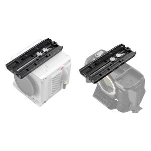 The picture shows two black SmallRig 3158 Manfrotto QR plates for DJI RS3/RS 3 Pro/RS 2/RSC 2/Ronin S, each with control knobs and positioning points, attached to different camera configurations, blended into the background.