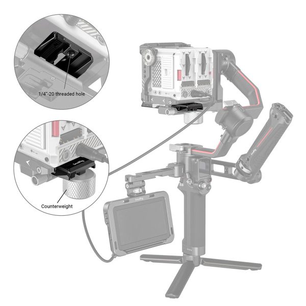 Camera on a handheld gimbal equipped with a SmallRig 3158 Manfrotto QR plate for DJI RS3/RS 3 Pro/RS 2/RSC 2/Ronin S, pictured with 1/4-20 thread and counterweight mount; the stabilizer also has an external display attached.