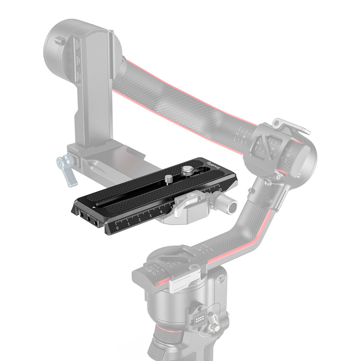 The SmallRig 3158 Manfrotto QR plate for DJI RS3, RS 3 Pro, RS 2, RSC 2 and Ronin S is mounted in a semi-transparent camera gimbal with red highlights to highlight the plate's location and special design features.