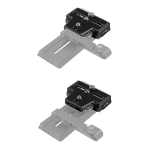 Two views of the SmallRig 3162 Extended Arca-Type QR Plate for DJI RS 2/RSC 2/RS 3/RS 3/RS 3 Pro, shown in black and silver with screws, mounted on a grey rail in various positions to demonstrate its adjustable sliding feature.