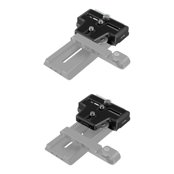 Two views of the SmallRig 3162 Extended Arca-Type QR Plate for DJI RS 2/RSC 2/RS 3/RS 3/RS 3 Pro, shown in black and silver with screws, mounted on a grey rail in various positions to demonstrate its adjustable sliding feature.