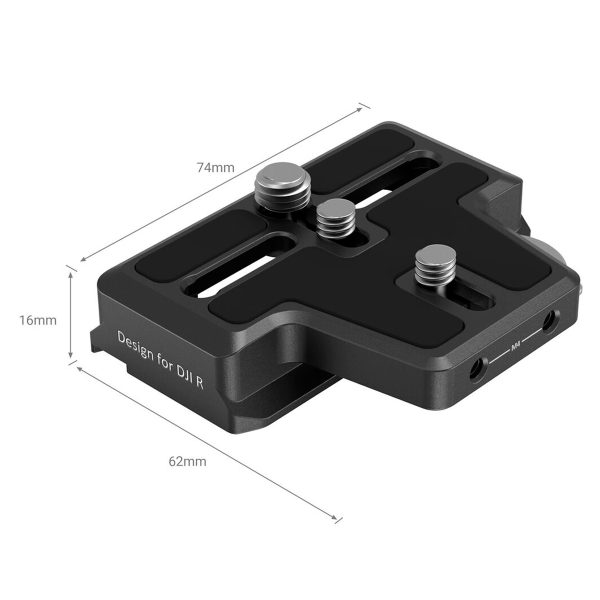 The SmallRig 3162 Extended Arca-Type QR Plate for DJI RS 2/RS 3/RSC 2/RS 3 Pro is a black metal mounting plate (74mm x 62mm x 16mm) with three silver screws and a "Design for DJI R" label on the side.