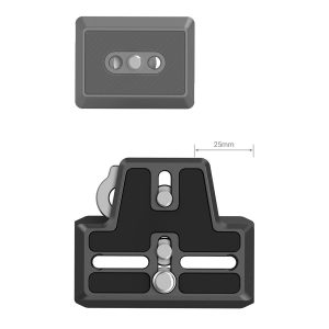 The SmallRig 3162 Extended Arca-Type QR Plate for DJI RS 2 / RSC 2 / RS 3 / RS 3 Pro is a black and silver rectangular plate with multiple slots and buttons, shown from the top and front, with a 25 mm measurement above the front view.