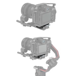 The two-stage image shows the SmallRig 3162 Extended Arca-Type QR Plate for DJI RS 2 / RSC 2 / RS 3 / RS 3 Pro attached and then quickly detached with the camera and strap for easy removal from the device.