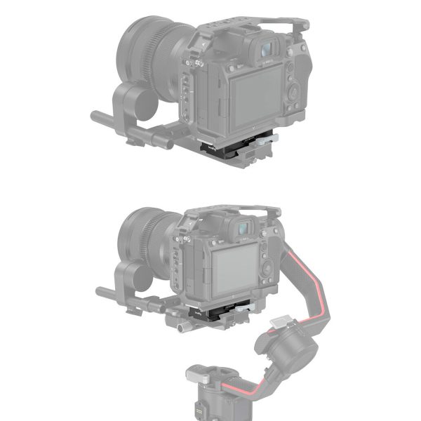 The two-stage image shows the SmallRig 3162 Extended Arca-Type QR Plate for DJI RS 2 / RSC 2 / RS 3 / RS 3 Pro attached and then quickly detached with the camera and strap for easy removal from the device.