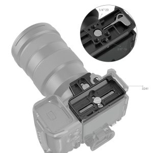 The picture shows the camera with the SmallRig 3162 Extended Arca-Type QR Plate for DJI RS 2/RSC 2/RS 3/RS 3 Pro attached. The inside photo highlights the 1/4-20 and 3/8-16 screw holes on the plate.