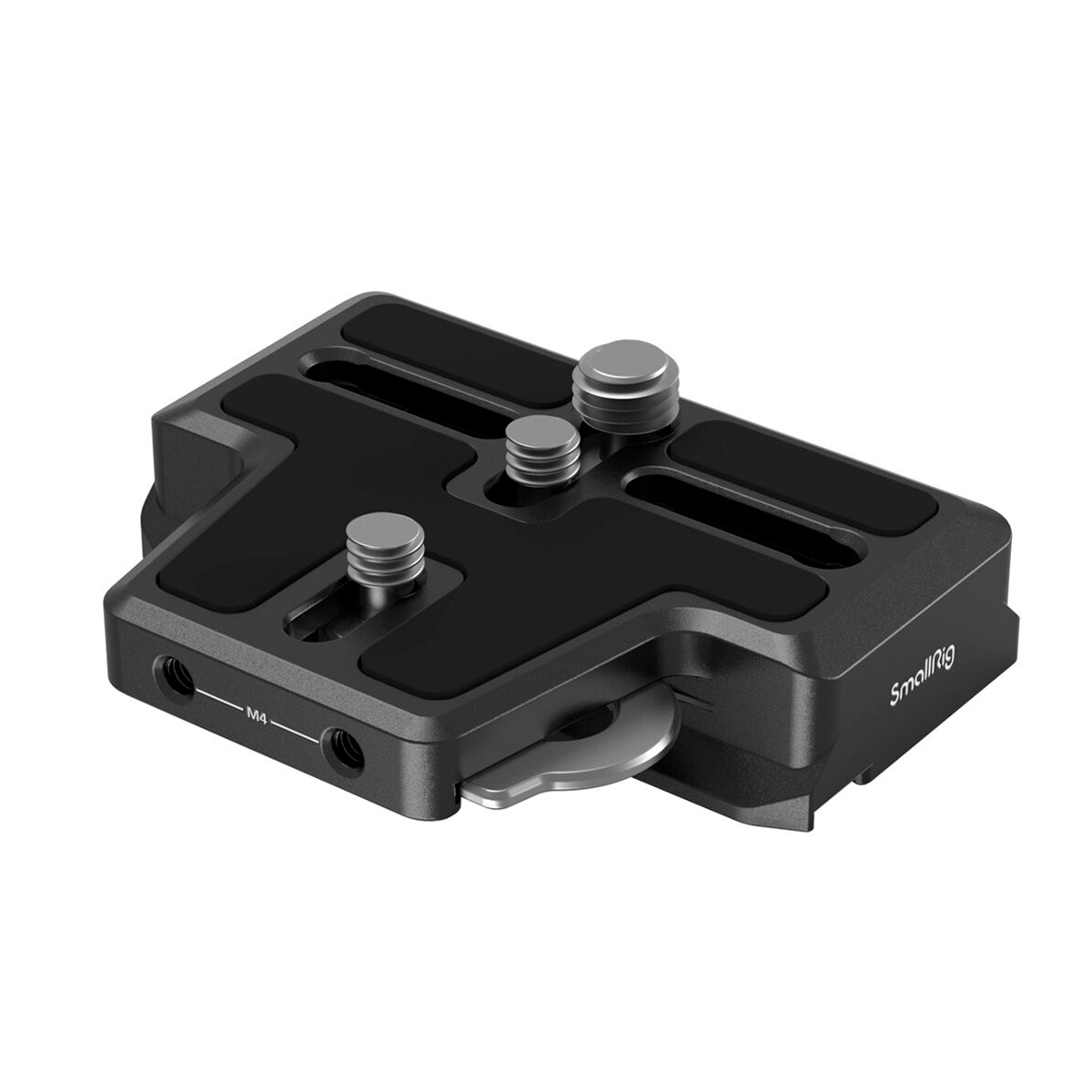 SmallRig 3162 Extended Arca-Type QR Plate for DJI RS 2/RSC 2/RS 3/RS 3 Pro on musta metallinen kiinnityslevy, jossa on urat, ruuvit ja vipu kameravarusteiden kiinnittämiseen. SmallRigin logo näkyy sivulla.