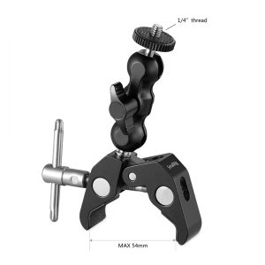 SmallRig 2164 Crab-Shaped Clamp w/ Ballhead M-Arm is a black adjustable clamp with 1/4" threaded screw, side clamping handle and 54 mm maximum opening, ideal for mounting cameras or accessories.