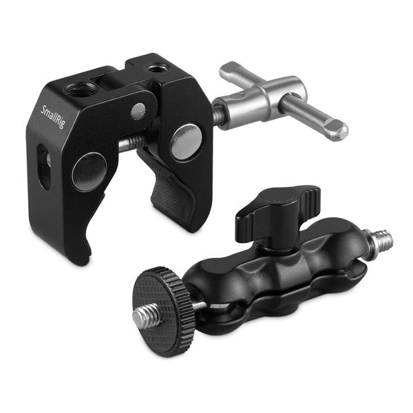 The SmallRig 2164 Crab-Shaped Clamp with Ballhead M-Arm is a black metal clamp with adjustable knobs and joints designed for securely attaching accessories to rods or surfaces.