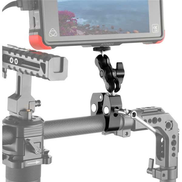The SmallRig 2164 Crab-Shaped Clamp with Ballhead M-Arm provides adjustable support for video equipment, with a secure clamp and flexible arm that allows you to easily attach accessories such as monitors or lights during filming.