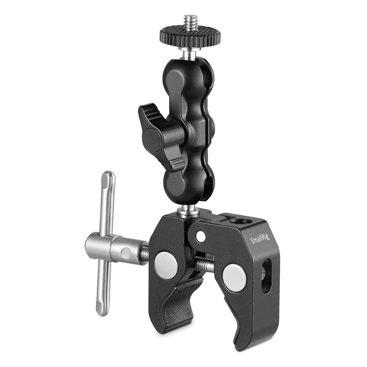 The SmallRig 2164 Crab-Shaped Clamp with Ballhead M-Arm is a black and silver adjustable clamp with screw knob, swivel arm and tension lever for mounting cameras or accessories on surfaces such as tables or poles.