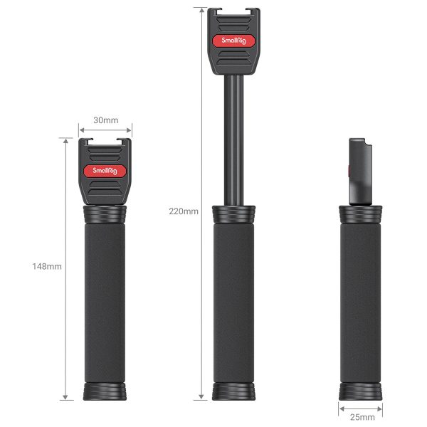 Three views of the SmallRig 3182 Rode Wireless Go Handheld interviewer in black and red, with foam handle, retracted (148 mm), extended (220 mm) and side view; dimensions are 30 mm wide and 25 mm thick.