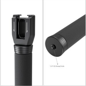 Close-up of the SmallRig 3182 Rode Wireless Go Handheld interview camera, showing its black cylindrical handle with a bracket at one end and a 1/4-20 threaded hole at the other for attaching accessories.