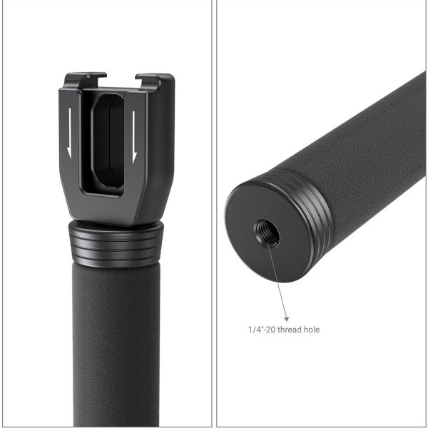 Close-up of the SmallRig 3182 Rode Wireless Go Handheld interview camera, showing its black cylindrical handle with a bracket at one end and a 1/4-20 threaded hole at the other for attaching accessories.