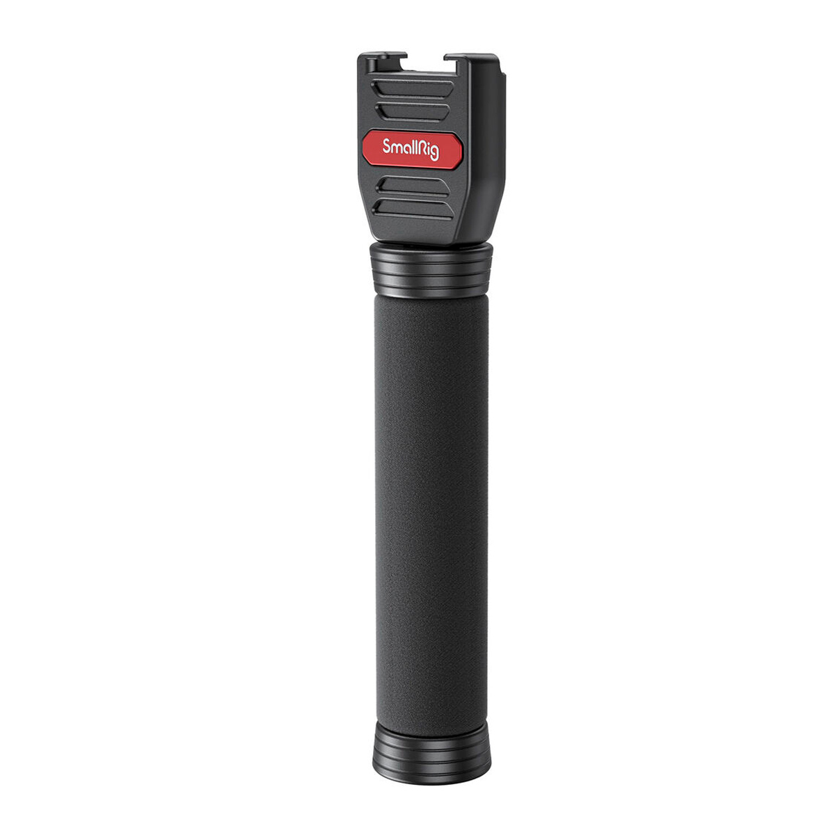 The SmallRig 3182 Rode Wireless Go Handheld for interview is a black and red camera accessory handle with a textured grip and top mount, shown upright against a white background.
