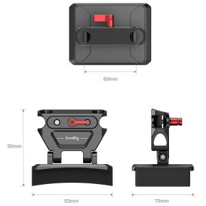 SmallRig 3183 Kevyt rintatyyny sauvakiinnikkeellä, kuvassa mustana ja punaisena kolmesta kulmasta: 60 mm leveä (ylhäältä), 93 mm leveä ja 90 mm korkea (edestä) ja 70 mm syvä (sivulta). "SmallRig"-brändinimi näkyvissä etupuolella.